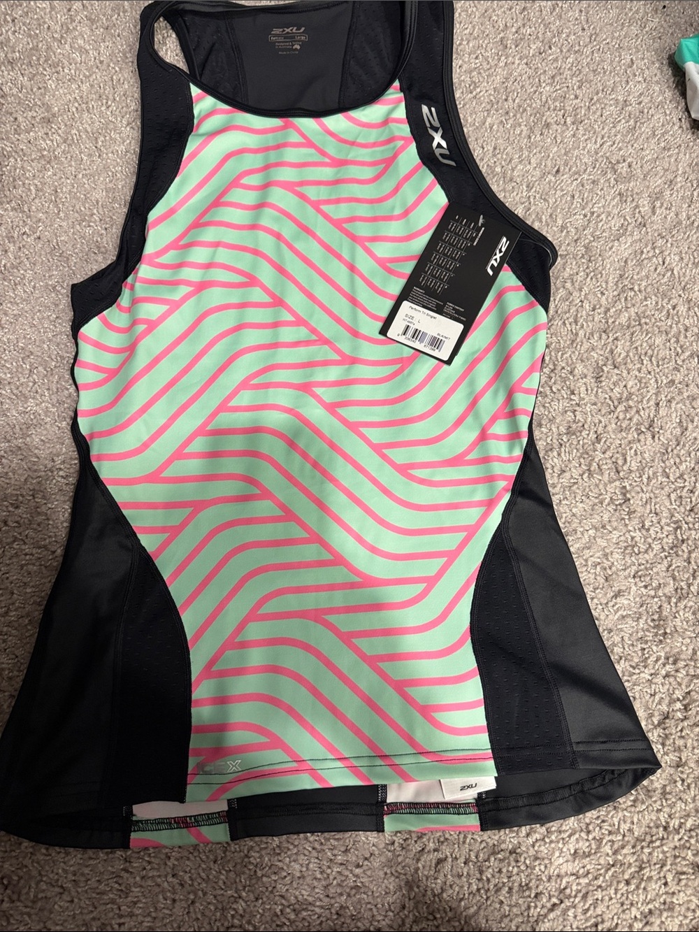 2XU Mint and Pink Striped Performance Tank with Black Panels